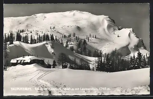 AK Th. K. Hollhaus, Berghütte auf der Taupitzalm mit Lawinenstein