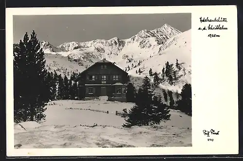 AK Edelrautehütte, Berghütte ad. d. Scheiblalm im Schnee