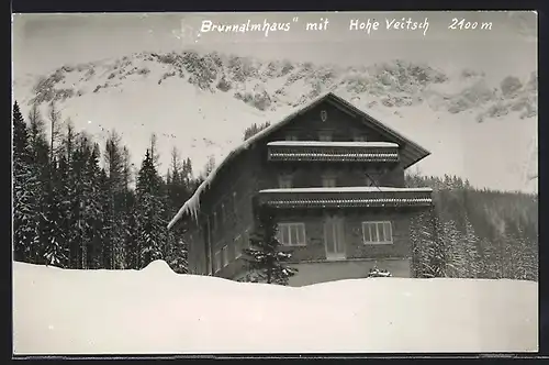 AK Brunnalmhaus, Berghütte und Hohe Veitsch im Schnee