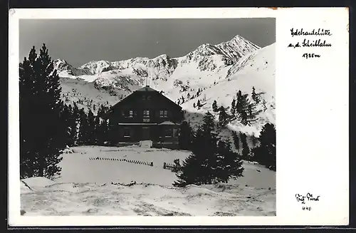 AK Edelrautehütte, Berghütte a. d. Scheiblalm im Schnee