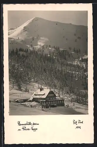 AK Plannerhütte mit Gläser-Koppe im Schnee