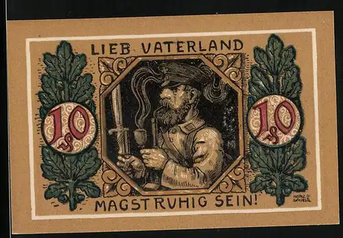 Notgeld Lindenberg im Allgäu 1919, 10 Pfennig, Soldat in Uniform mit Pfeife