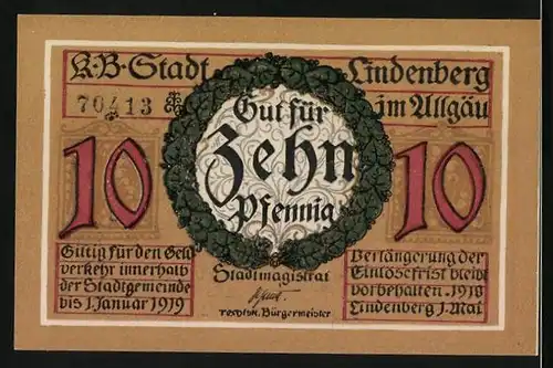 Notgeld Lindenberg im Allgäu 1919, 10 Pfennig, Soldat in Uniform mit Pfeife
