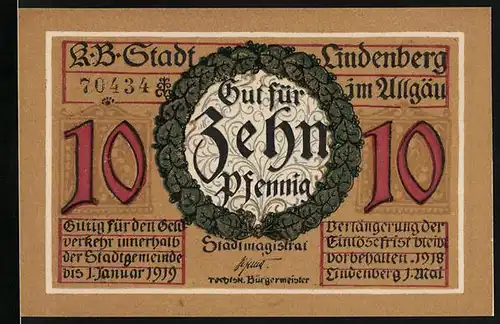 Notgeld Lindenberg im Allgäu 1919, 10 Pfennig, Soldat in Uniform mit Pfeife