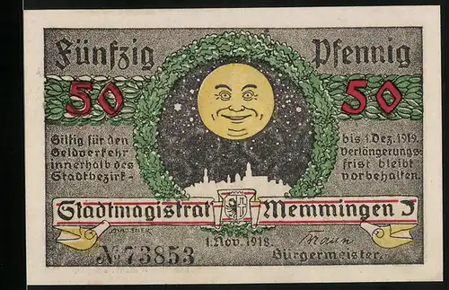 Notgeld Memmingen 1918, 50 Pfennig, Memminger Mau, Rathaus