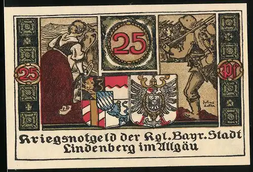 Notgeld Lindenberg im Allgäu 1919, 25 Pfennig, Wappen, Soldaten auf dem Marsch