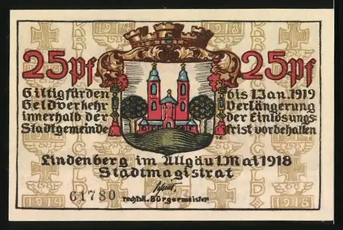 Notgeld Lindenberg im Allgäu 1919, 25 Pfennig, Wappen, Soldaten auf dem Marsch