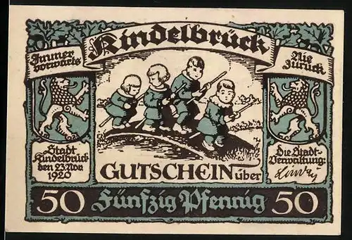 Notgeld Kindelbrück 1920, 50 Pfennig, Kinder mit Steckenpferden, Am Wasser