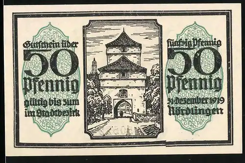 Notgeld Nördlingen 1919, 50 Pfennig, Stadttor, Wappen