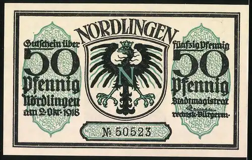 Notgeld Nördlingen 1919, 50 Pfennig, Stadttor, Wappen