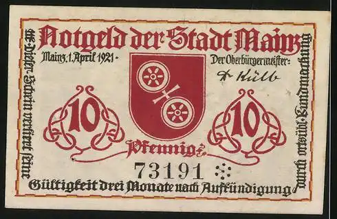Notgeld Mainz 1921, 10 Pfennig, Wappen von Johannes Gutenberg