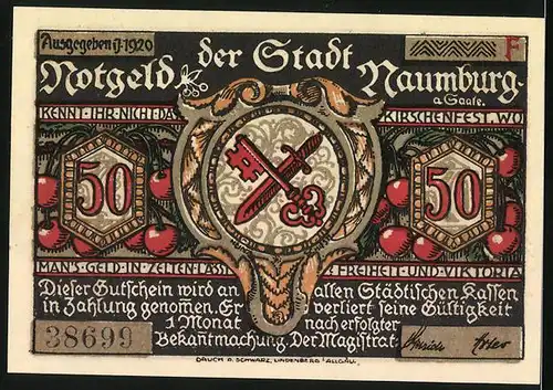 Notgeld Naumburg a. Saale 1920, 50 Pfennig, ein Lehrer sann auf Rettung...