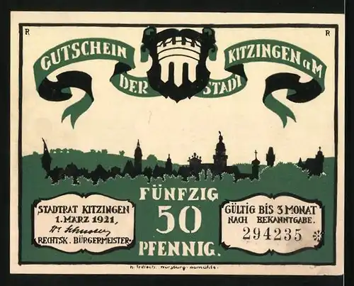 Notgeld Kitzingen a. M. 1921, 50 Pfennig, Auf einmal ward das Kleingeld rar...