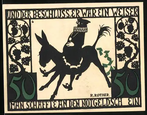 Notgeld Kitzingen a. M. 1921, 50 Pfennig, der Beschluss war ein Weiser, Ratsherr auf Esel