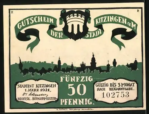 Notgeld Kitzingen a. M. 1921, 50 Pfennig, der Beschluss war ein Weiser, Ratsherr auf Esel