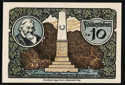Notgeld Fallersleben 1920, 10 Pfennig, Denkmal von Hoffmann von Fallersleben