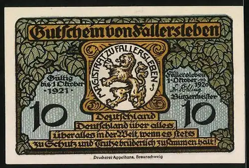 Notgeld Fallersleben 1920, 10 Pfennig, Denkmal von Hoffmann von Fallersleben