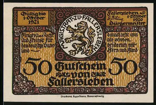 Notgeld Fallersleben 1920, 50 Pfennig, Geburtshaus von Hoffmann von Fallersleben