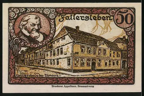 Notgeld Fallersleben 1920, 50 Pfennig, Geburtshaus von Hoffmann von Fallersleben