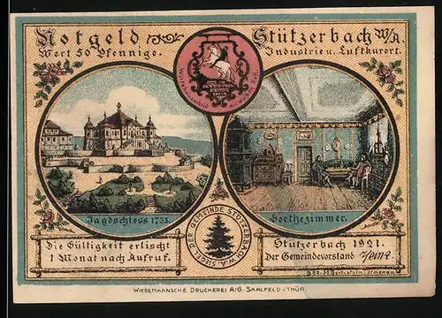 Notgeld Stützerbach 1921, 50 Pfennig, Jagdschloss, Goethezimmer