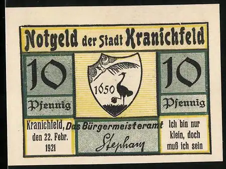 Notgeld Kranichfeld 1921, 10 Pfennig, Meiningisches Schloss, Wappen