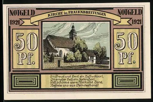 Notgeld Altenbreitungen & Frauenbreitungen 1921, 50 Pfennig, Kirche, Bauer & Handwerker