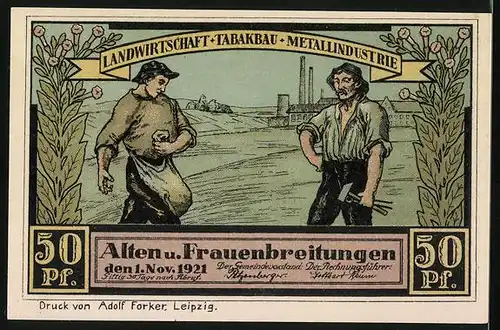 Notgeld Altenbreitungen & Frauenbreitungen 1921, 50 Pfennig, Kirche, Bauer & Handwerker