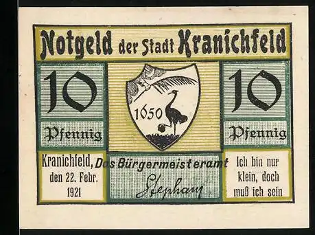 Notgeld Kranichfeld 1921, 10 Pfennig, Weimarisches Schloss