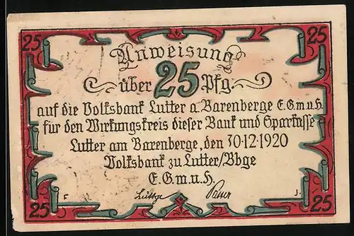 Notgeld Lutter /Bbge. 1920, 25 Pfennig, Tilly nach der Schlacht bei Lutter