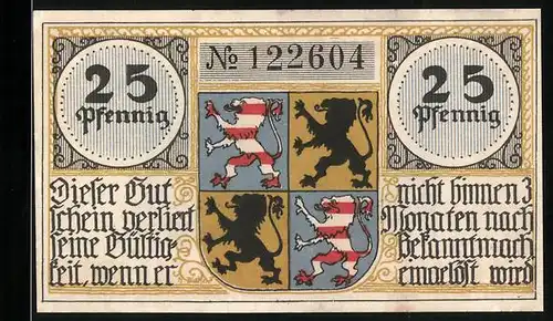 Notgeld Hildburghausen, 25 Pfennig, Technikum und Wappen