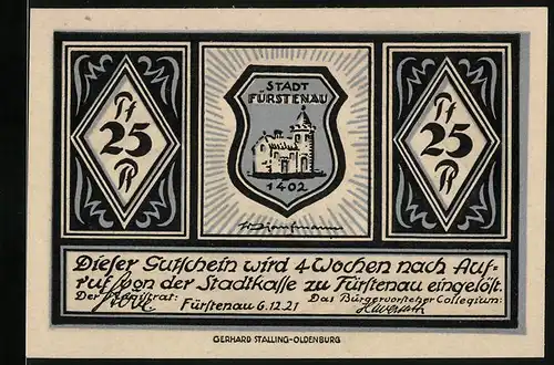 Notgeld Fürstenau i. H. 1921, 25 Pfennig, Rathaus, Wappen