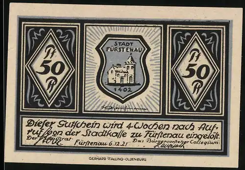 Notgeld Fürstenau i. H. 1921, 50 Pfennig, Eingang zum Schloss, Wappen