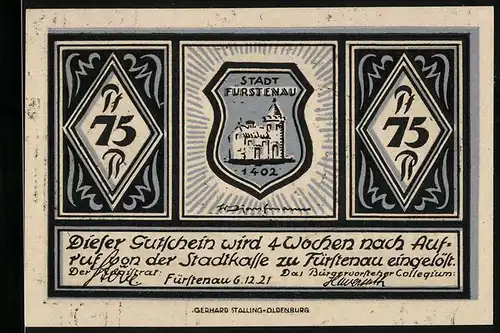 Notgeld Fürstenau i. H. 1921, 50 Pfennig, Buten Porten, Wappen