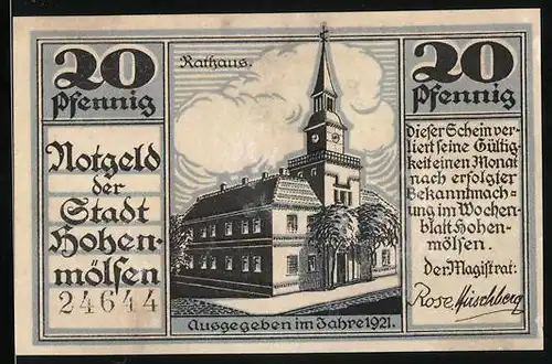 Notgeld Hohenmölsen 1921, 20 Pfennig, Rathaus, Wahrzeichen der Stadt