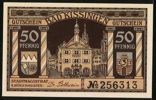 Notgeld Bad Kissingen 1919, 50 Pfennig, Trauernde Germania, Rathaus