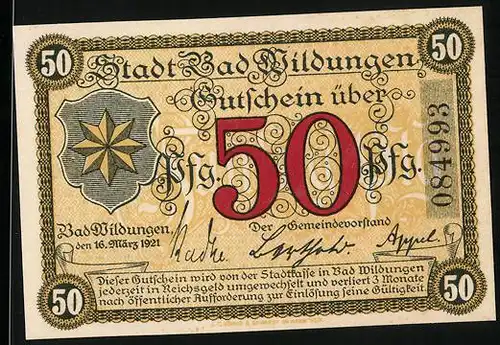 Notgeld Bad Wildungen 1921, 50 Pfennig, Heilquelle und Kurgäste