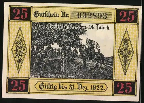 Notgeld Bergen an der Dumme 1922, 25 Pfennig, das Gericht im 14. Jahrhundert