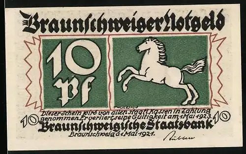 Notgeld Braunschweig 1921, 10 Pfennig, Eulenspiegel hält einer Eule den Spiegel vor