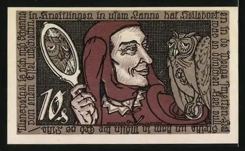 Notgeld Braunschweig 1921, 10 Pfennig, Eulenspiegel hält einer Eule den Spiegel vor