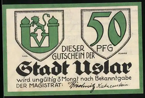 Notgeld Uslar, 50 Pfennig, Wappen, Redner Bode