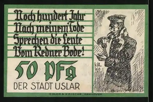 Notgeld Uslar, 50 Pfennig, Wappen, Redner Bode