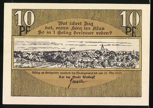 Notgeld Woldegk 1922, 10 Pfennig, Ortsansicht, Kirche