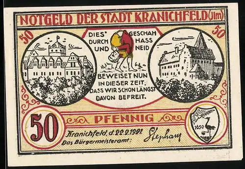 Notgeld Kranichfeld /Ilm 1921, 50 Pfennig, Geburtshaus des Lindenwirtin Dichters