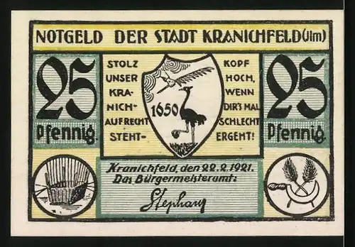 Notgeld Kranichfeld /Ilm 1921, 25 Pfennig, Panoramablick auf den Ort