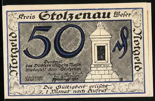 Notgeld Stolzenau /Weser 1921, 50 Pfennig, Wilhelm Busch-Denkmal