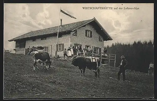 AK Wirtschaftshütte auf der Loferer-Alpe, Kuhherde und Gäste