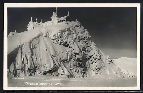 AK Zittelhaus, verschneite Berghütte mit Sonnblick