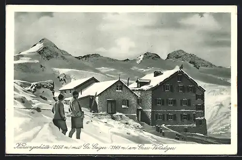 AK Kürsingerhütte, Berghütte mit Gr. Geiger am Gross-Venediger im Schnee