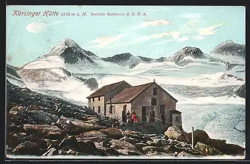 AK Kürsinger Hütte, Szene vor Berghütte