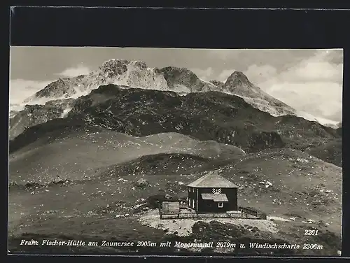 AK Franz Fischer-Hütte, Berghütte am Zaunersee mit Mosermandl und Windischscharte